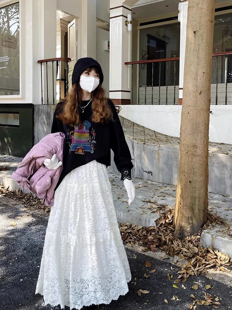 

Retro High Waist A-Line Skirt Women's Lace Patchwork Long Skirt Autumn Winter New Sle Gentle Wind Skirt Midi Skirt