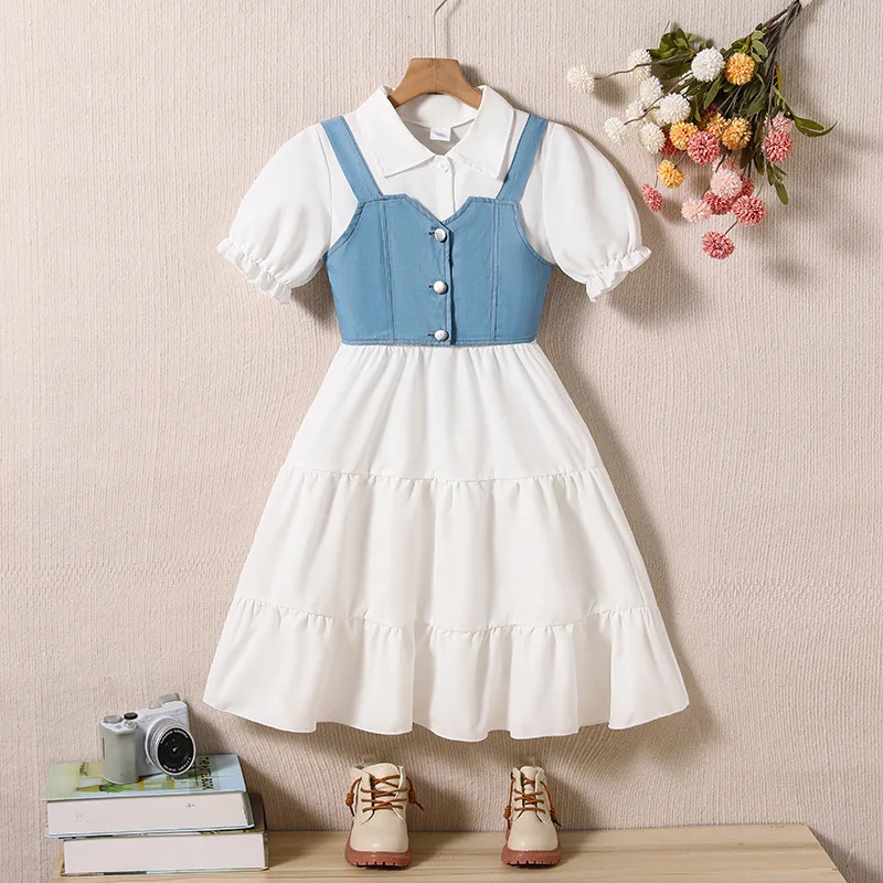 2025 New Arrival Girls Short Puff Sleeve Denim Vest Ruffles White Menina Cute Holiday Night Party Princess Dress Custume 8-12T