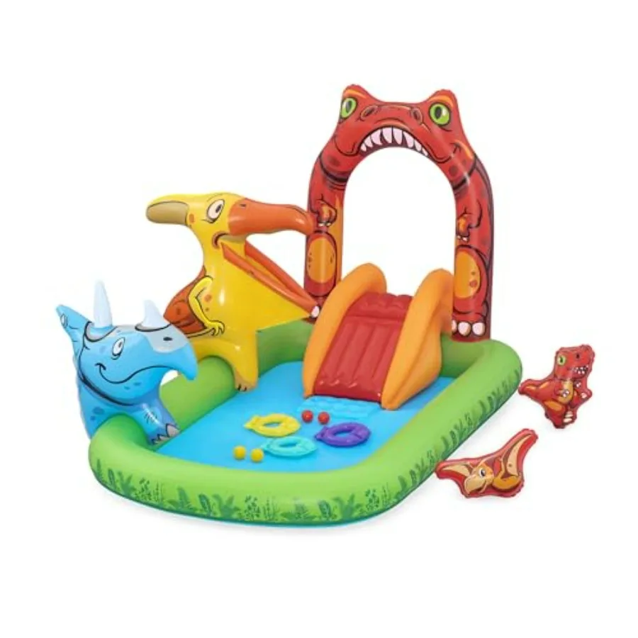 Outdoor water play center for kids, PVC material, blue-green color, features inflatable archway slide, splash pool, and interac