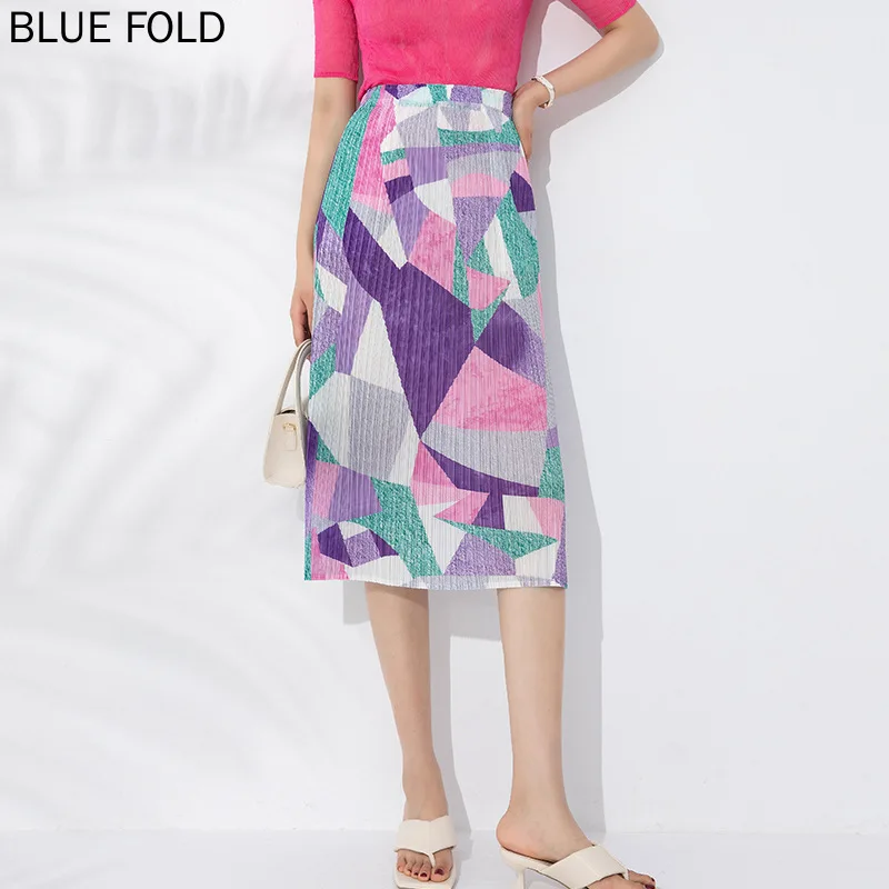 

MIYAKE Color-block Printing Pleated Skirt Women's Summer New Elastic Waist All-match Slimming Large Size Slit One-step Skirt