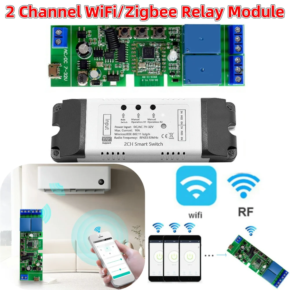 Módulo de relé wi-fi/zigbee, controle remoto ac/dc 7-32v, aplicativo de telefone, controle remoto rf 433mhz, diy, automação residencial inteligente para acesso à porta