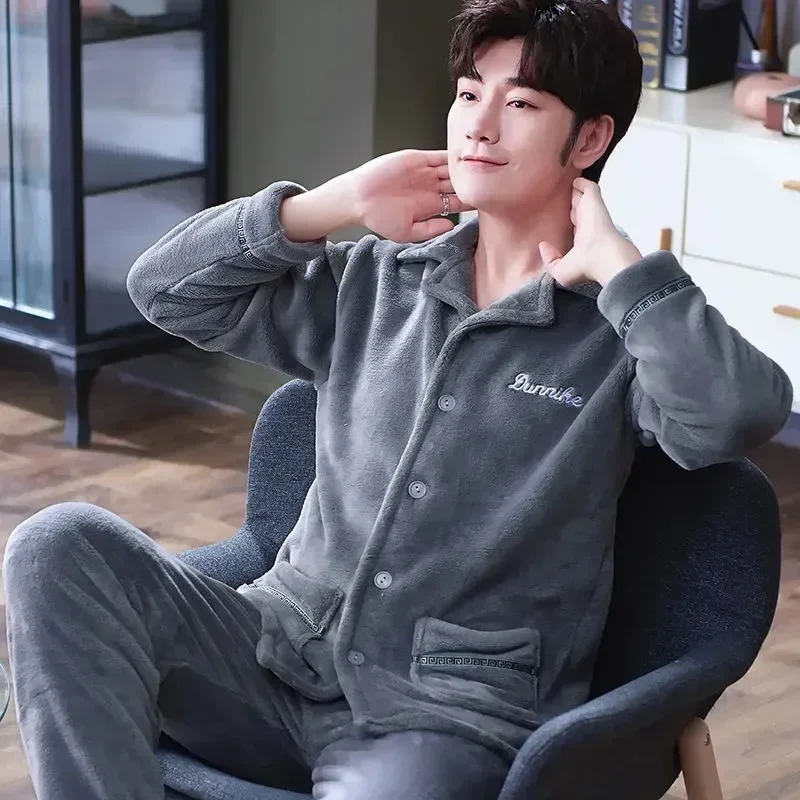 Пижамы, фланелевые флисовые зимние комплекты, мужские пижамы, бархатная домашняя одежда, плотная мужская теплая милая одежда