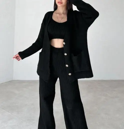 3Pcs Women Outfit 2025 Spring Autumn New Fashionable Solid Color Crop Vest & High Waist Long Pants Set with Long Sleeve Cardigan