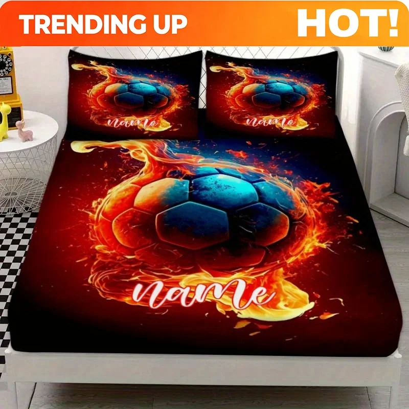 Customize (Customized) Sheet Set - 3pcs Set with Fiery Football Prints And Customizable Name Mattress Protector (1 Fitted Sheet