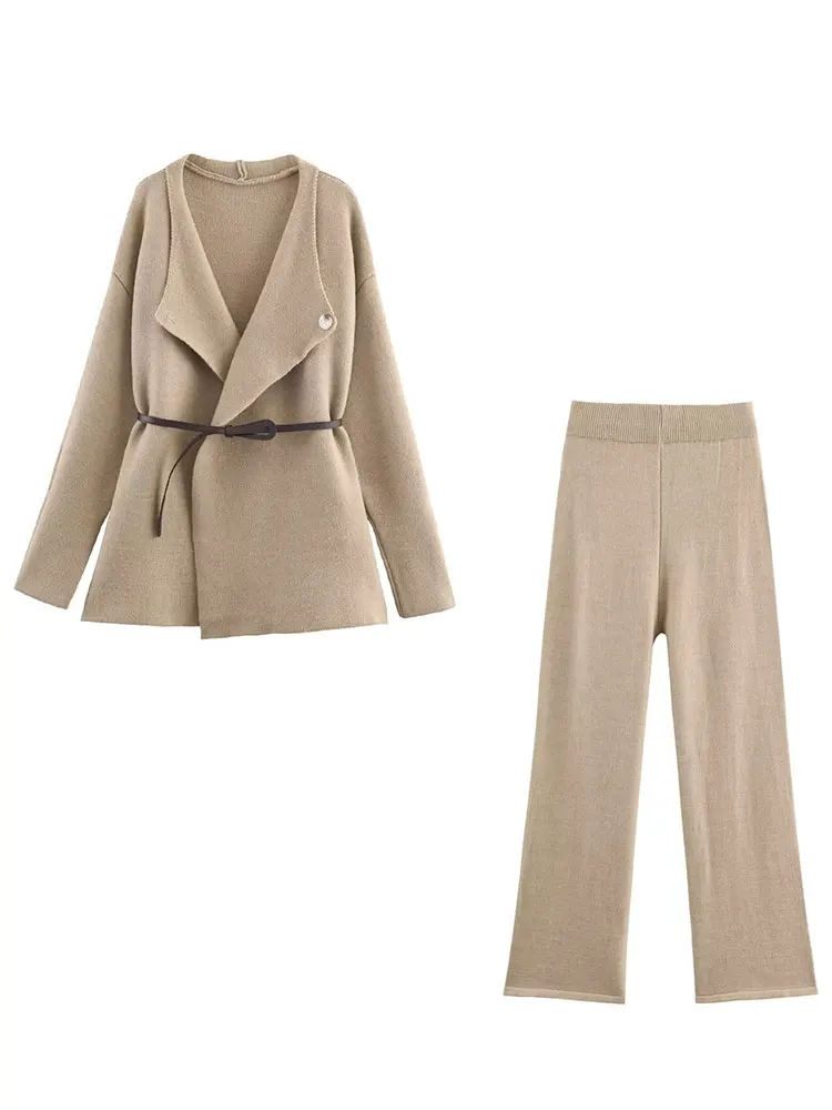 HH المرأة عادية الصلبة محبوك مجموعات طويلة الأكمام سترة معطف مع حزام مرونة الخصر سليم مستقيم السراويل الخريف مكتب سيدة الدعاوى