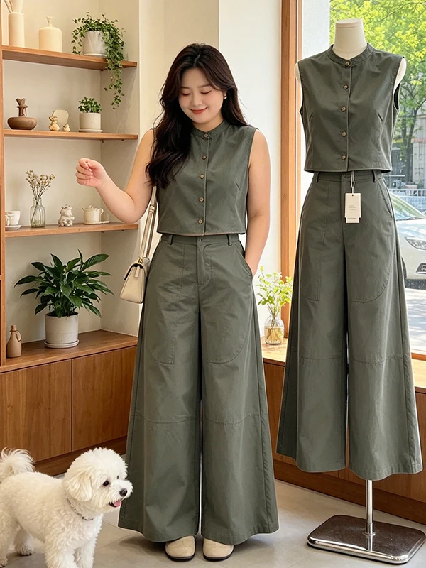 plus Size Casual Set Women Summer New Stylish Single Button Sleeveless Vest Wide Leg Pants Two Piece Set Commute Style High W...