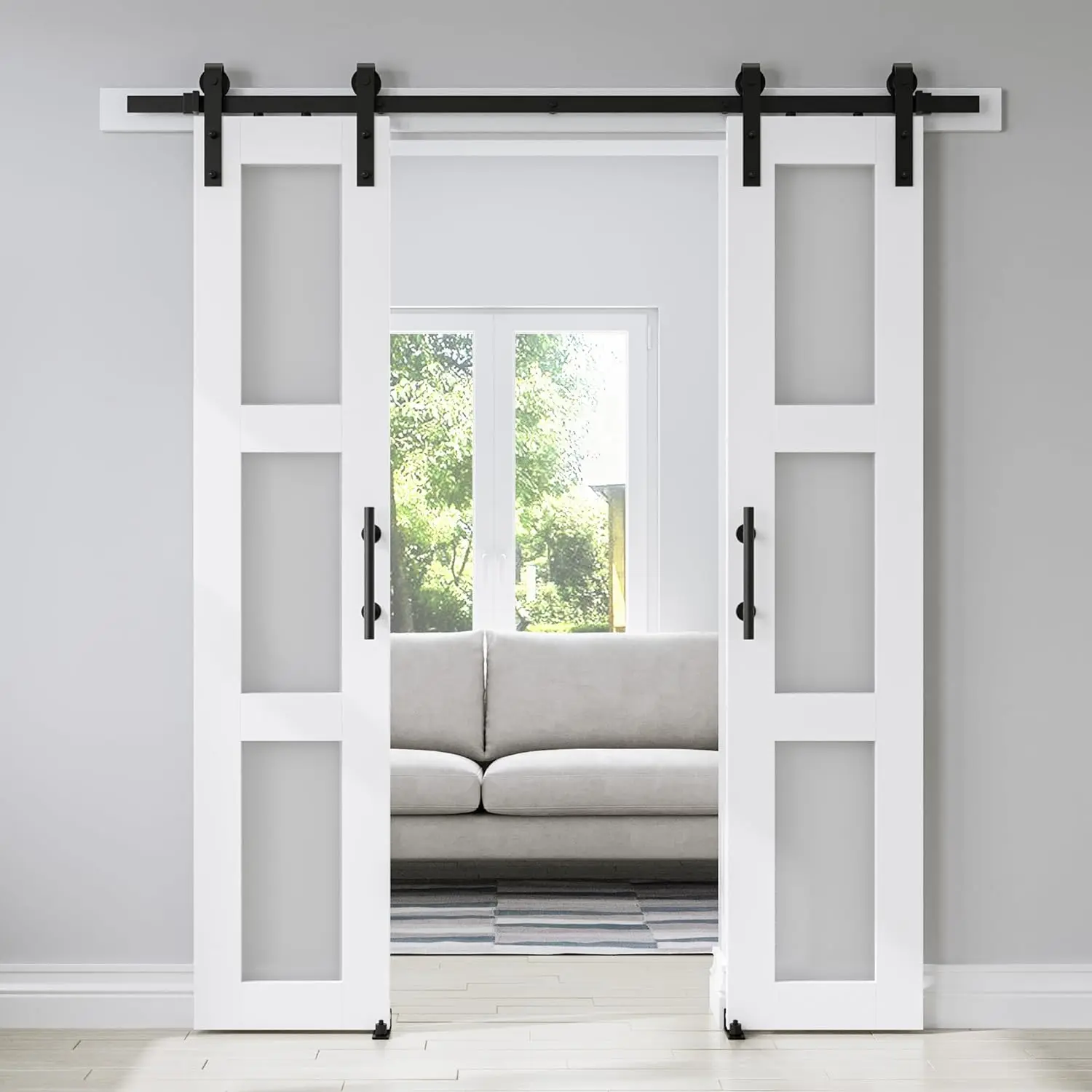 

Double 18 x 84in 3-Panel Sliding Barn Door with Frosted Glass and 6.6FT Hardware Kit - Waterproof, Easy Assembly