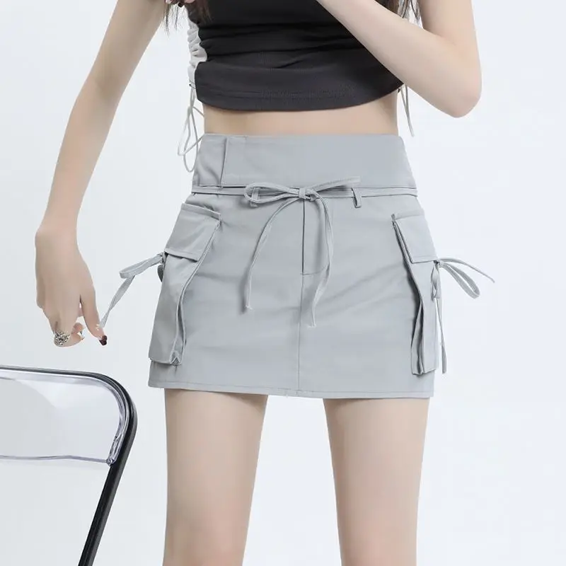 Vintage High Waist Mini Skirt with Belt Women Korean Fashion Pocket Demin Cargo Skirt Woman Y2k Drawsting H Line Skirt Shorts