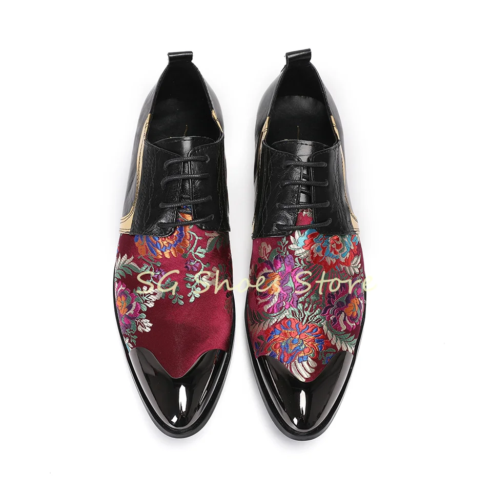British Style Mixed Color Embroidery Lace-Up Male Oxfords Metal Round Toe Splicing Leather Loafers for Men Business Dress Shoes