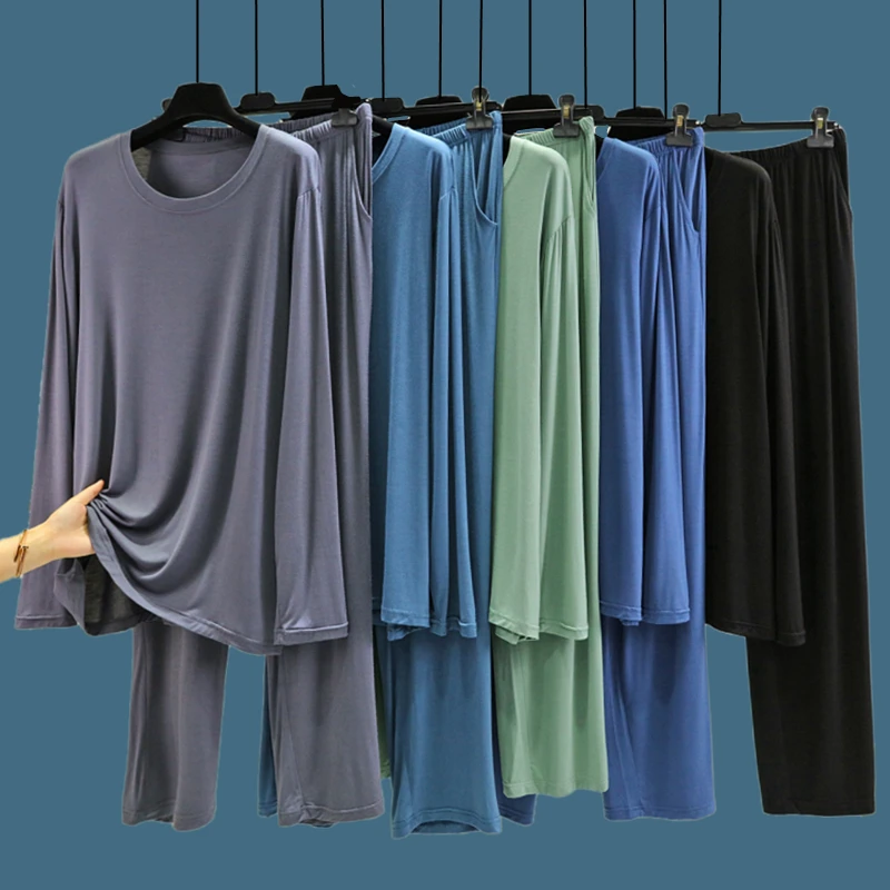 Men's Modal Thin Sleepwear Set Long Sleeve Loose Home Clothes Casual Sports Two-piece Set Comfortable Breathable Nightwear