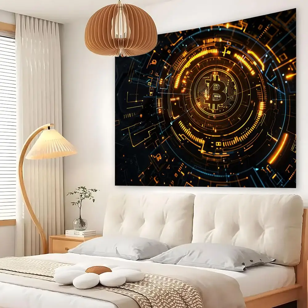 Golden Bitcoin Art Tapestry Custom Living Bedroom Party Dormitory Interior Wall Bohemian Decoration Attached Clip
