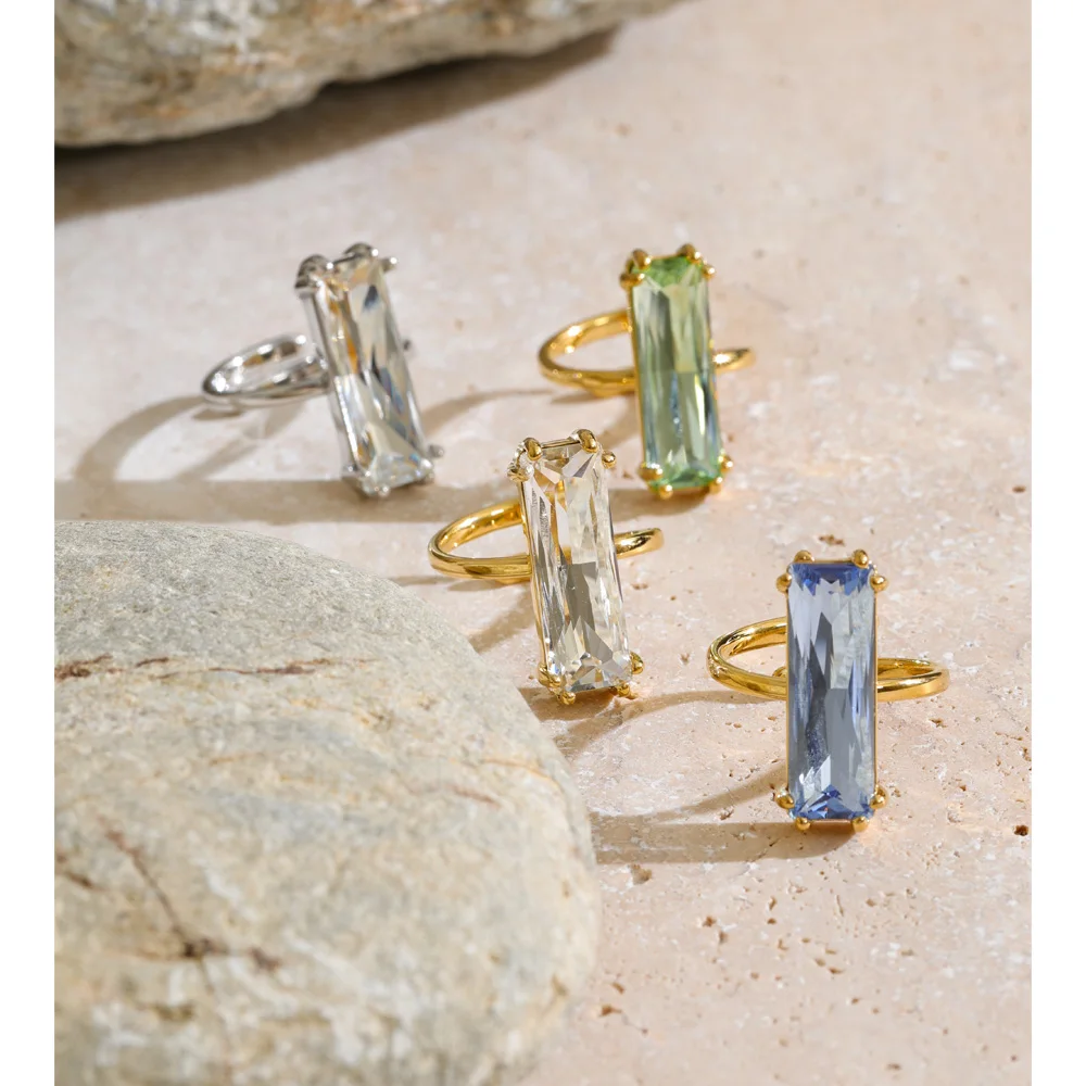 Yhpup New White Green Blue Color Rectangle Zirconia Adjustable Ring Temperament Popular Delicate Gold Color Finger Jewelry