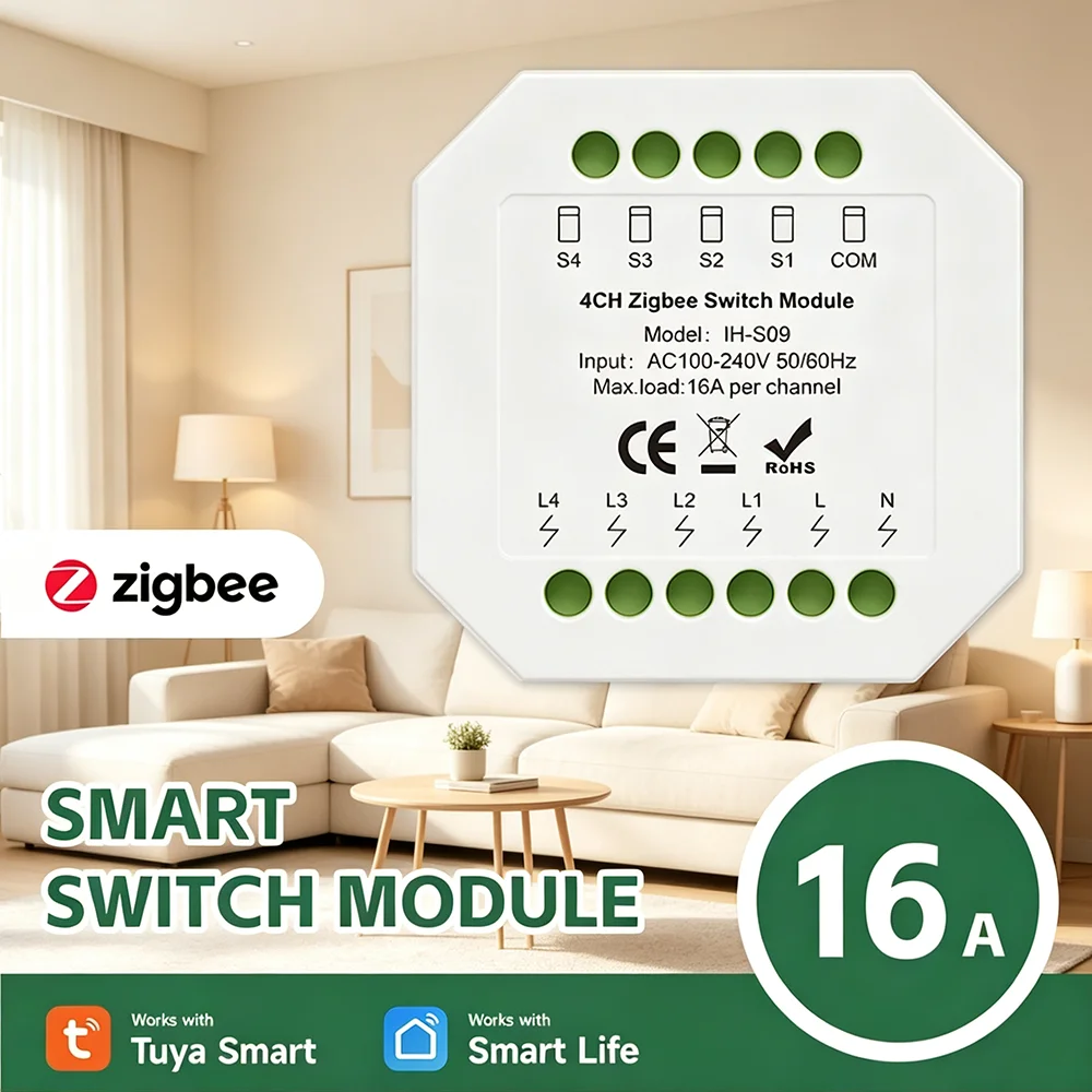 

Модуль умного выключателя Tuya Zigbee на 1-4 канала, 16А, 100-240В переменного тока, реле-выключатель, дистанционное управление через приложение Smart Life, совместим с Alexa и Google