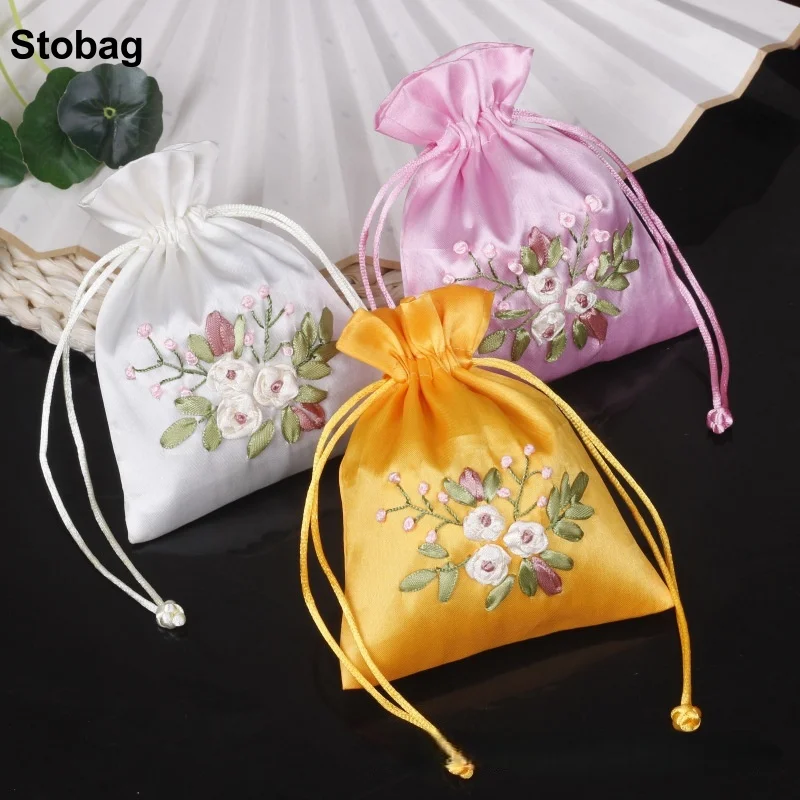 

StoBag 20pcs Chinese Silk Cotton Bag Drawstring Embroidery Small Sachet Gift Jewelry Packaging Storage Bundle Reusable Pouches