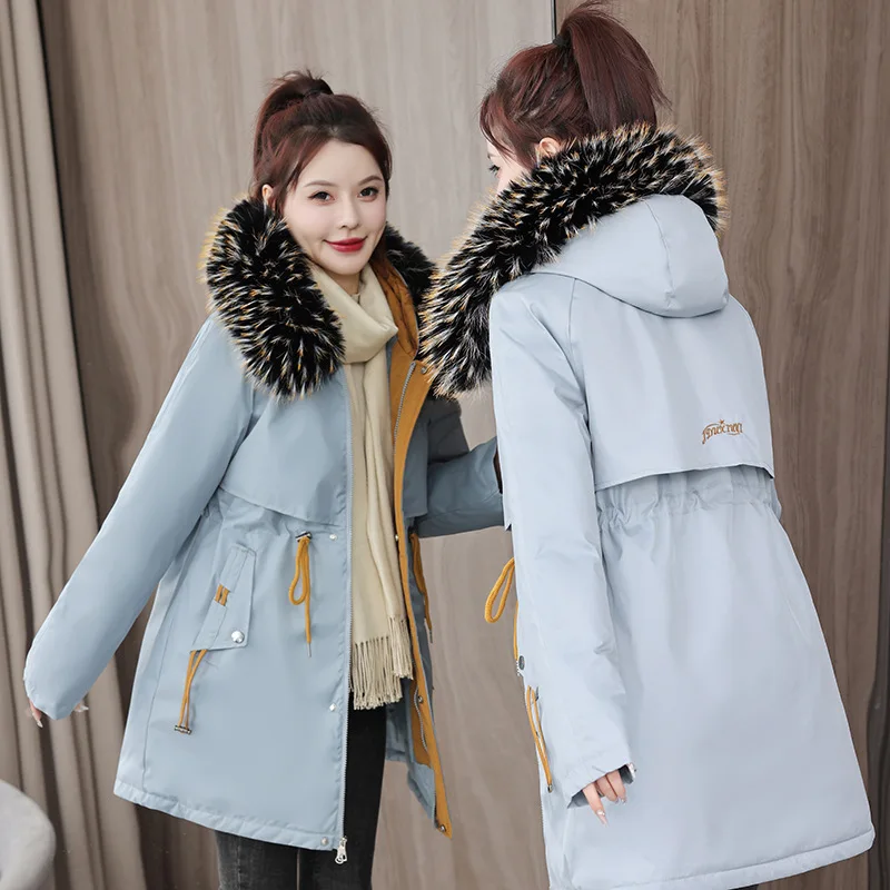 

Winter Women Parka Plus Size Jacket 2024 Mid Long Coat Wool Liner Hooded Jacket Clothes Fur Collar Thick Down Coat Padded Coat