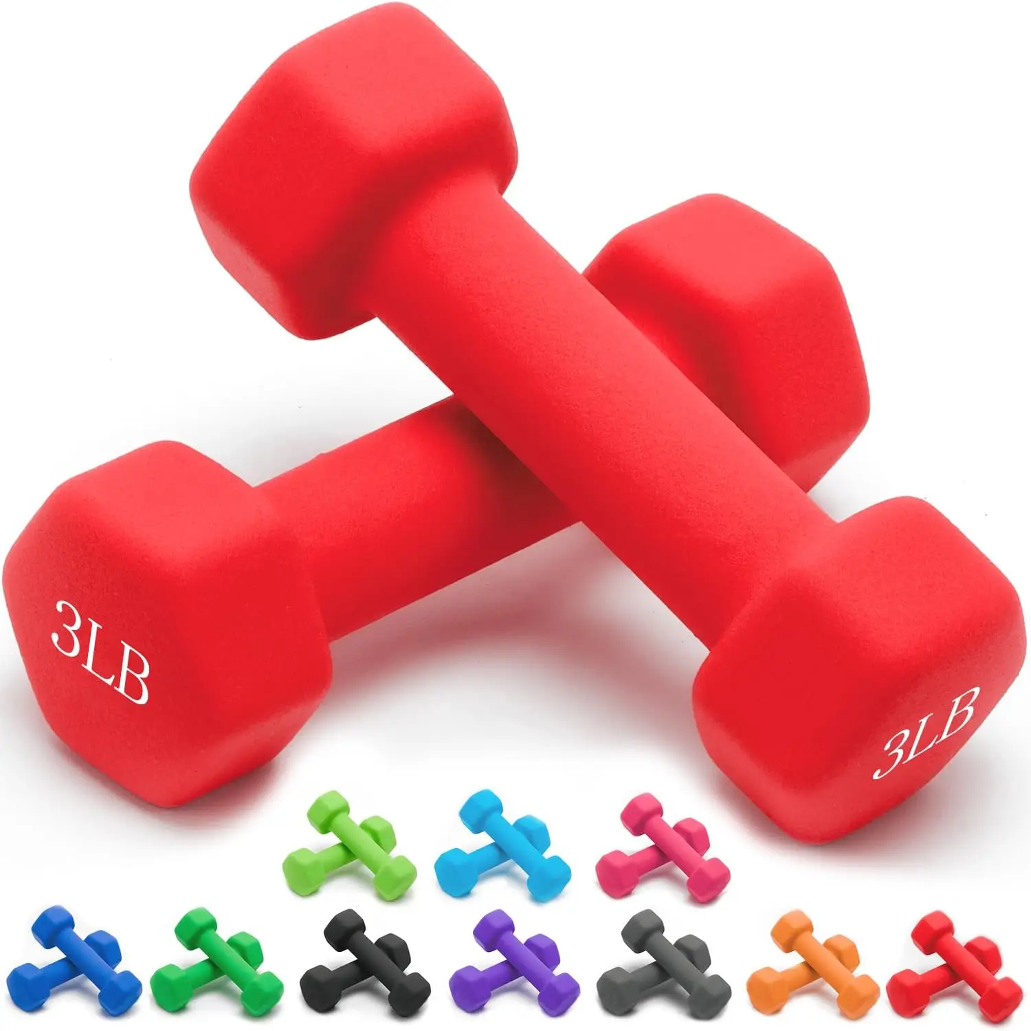 

Neoprene Dumbbells Set of 2, 1-15 LB, Anti-Slip Hex Shape with 10 Color Options