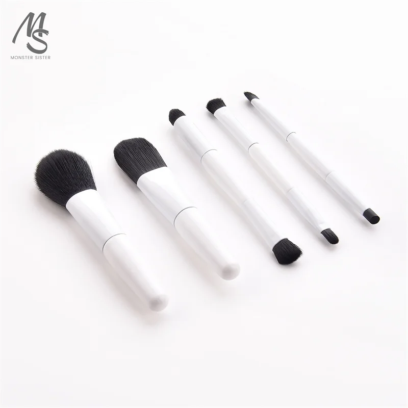 

White & Black Mini Makeup Brush Set with 5Pcs High-Quality Bag for Eyeshadow Foundation Blush Blender Concealer, Easy To Carry