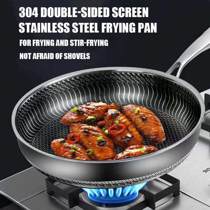 Non-Stick 304 Stainless Steel Frying Pan Wok Pan Steak Cooking Pot Skillet Saucepan Induction Gas Stove Universal Nonstick Pan