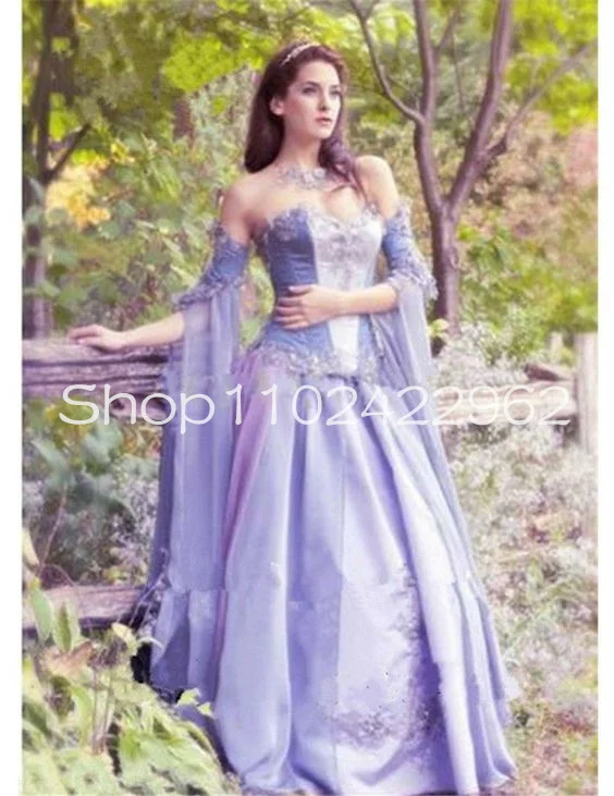 Lilac Lavender Medieval Prom Dresses Cape Fairy Sleeve Lace Chiffon Floral Lady Amalthea Costume Halloween Evening Gown