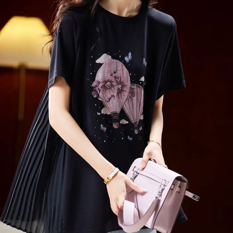 Women's Clothing Casual Pleated Spliced Summer Short Sleeve All-match Pullovers Korean Loose Printed T-shirt Stylish Diamonds