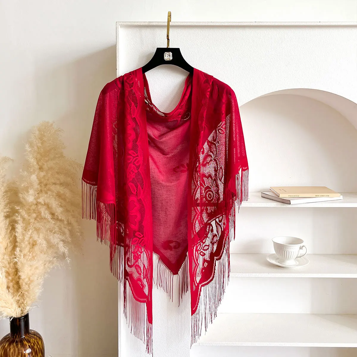 Lace Velvet Shawl for Women Hollow Tassel Triangle Cape Solid Color Trendy Lightweight