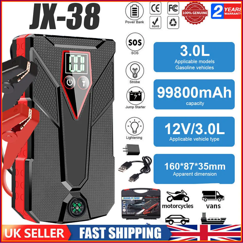 99800Mah Car Jump Starter Pack 12V Booster Power Bank USB Battery Charger UK