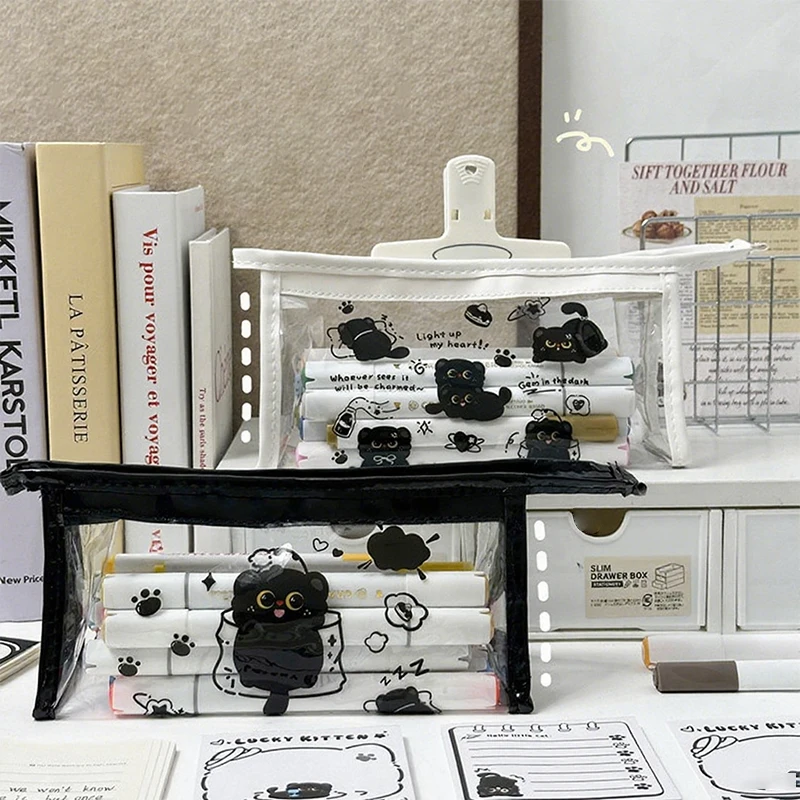 Sac de rangement de maquillage, 1 pièce, sac de grande capacité, housse en PVC pour chat, cosmétiques de voyage transparents, sac pour brosses, papeterie cadeau pour étudiants