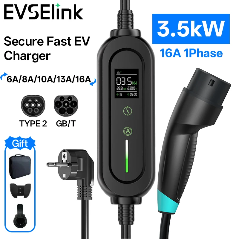 

EVSELink Feyree EV Portable Charger Type 2 GBT 16A 3.5kW Single-Phase Charging Cable Kit with Adjustable Timer and Delay Setting