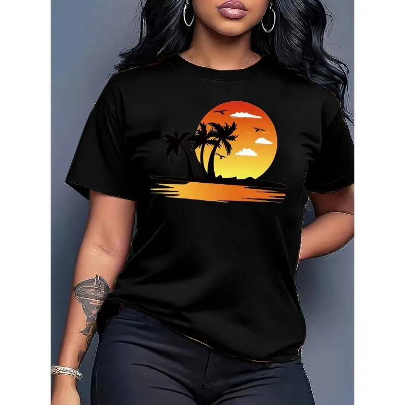 

Women's Tropical Sunset Palm Tree T-Shirt Summer Beach Vacation Graphic Tee Casual Holiday Travel Short Sleeve Top