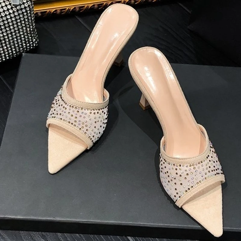 

2024 New Spring Summer Rhinestone Decor Stiletto Heeled Mule Sandals For Women Elegant Chic Crystals Party Shoes Slipper Sandals