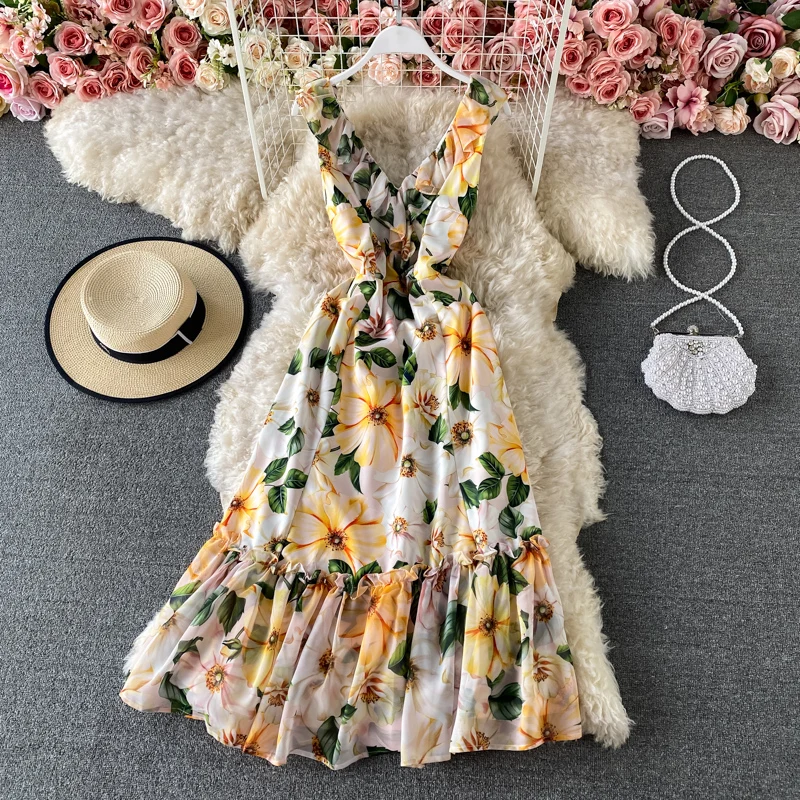 2023 Summer Runway Bodycon Mermaid Vestidos Women's Sleeveless V-Neck V Back Flower Print Ruffles Yellow Party Tank Dress