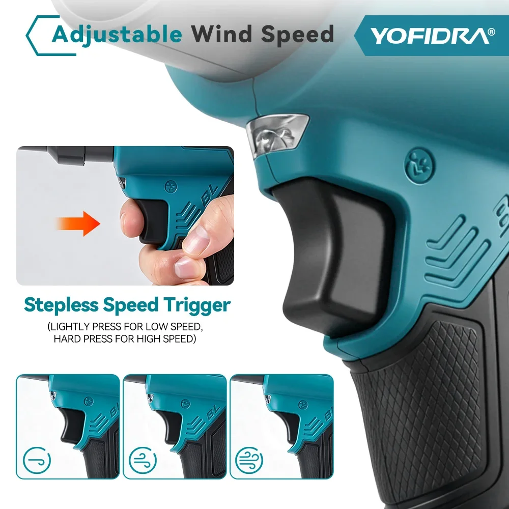 YOFIDRA 2IN1 350M/S Bürstenloser Elektrischer Turbo-Luftgebläse-Akku-Jetventilator für Blatt- und Schneesaugung sowie Blasen, Elektrowerkzeug für Makita 21V Akku – Detail 9