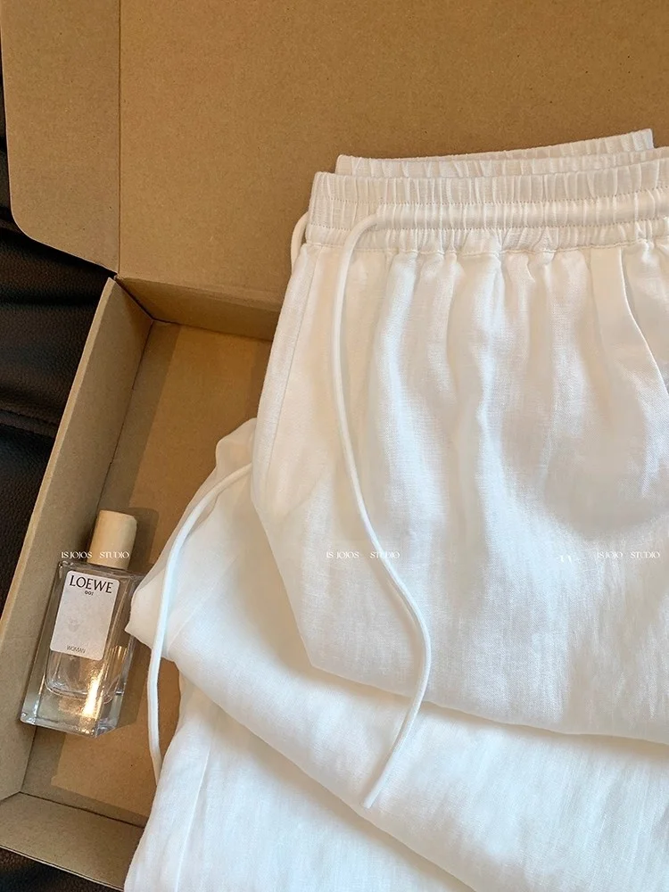 Pantaloni a Vita Alta e Gamba Larga da Donna, Casual in Cotone e Lino, Vestibilità Comoda, Elastico in Vita, Stampa Cartoon e Patchwork