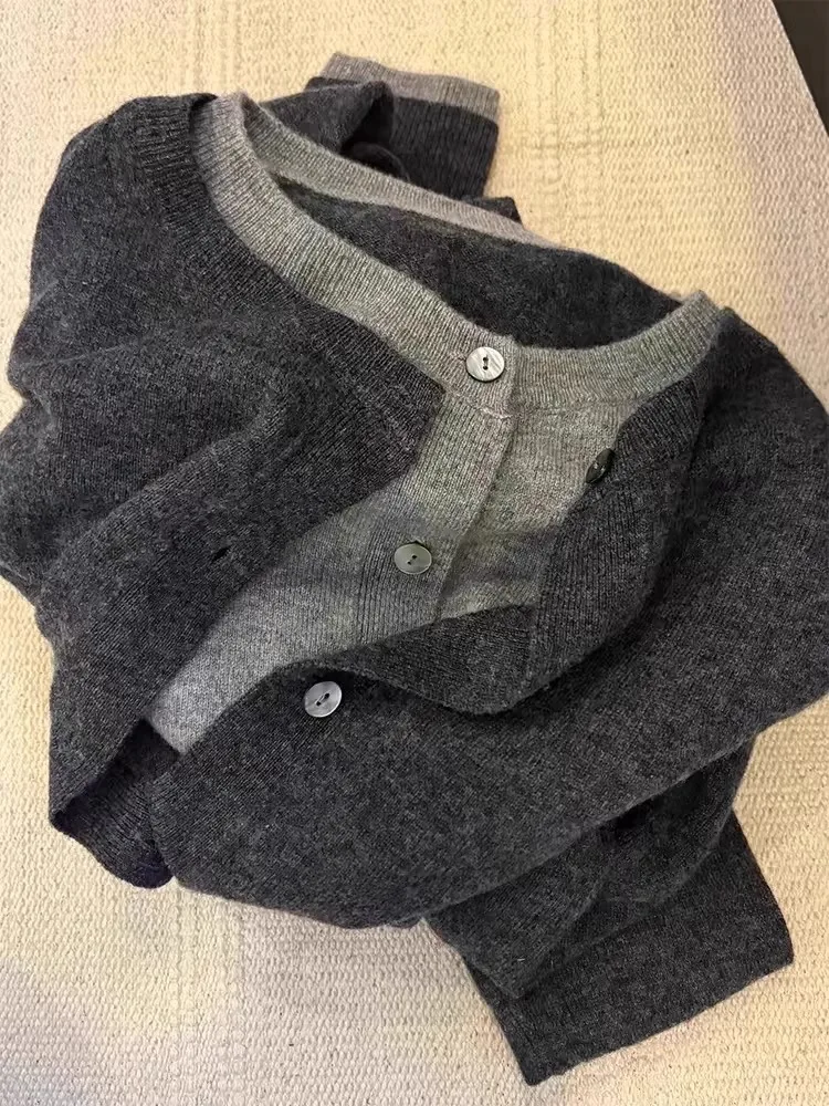 Fake Two 100% Pure Cashmere Sweater Cardigan Dark Grey High-grade Wool Knit Coat Top Women V Neck Button Front Loose Soft Knitte 5
