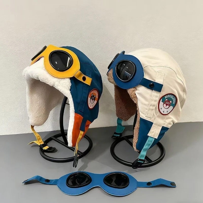 หมวกนักบินเด็กสำหรับฤดูหนาว กันลม กันหนาว แบบเล่ยเฟิง ป้องกันหู สำหรับฤดูใบไม้ร่วงและฤดูหนาว บุขนกำมะหยี่ เหมาะสำหรับเล่นสกีสำหรับเด็ก