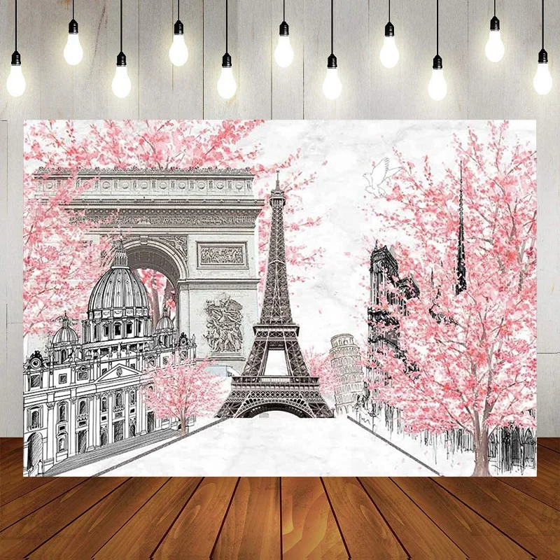 Pink Flowers Trees Eiffel Tower Themed Global Travel Landmark On Earth Photography Backdrop Background Banner Decoration