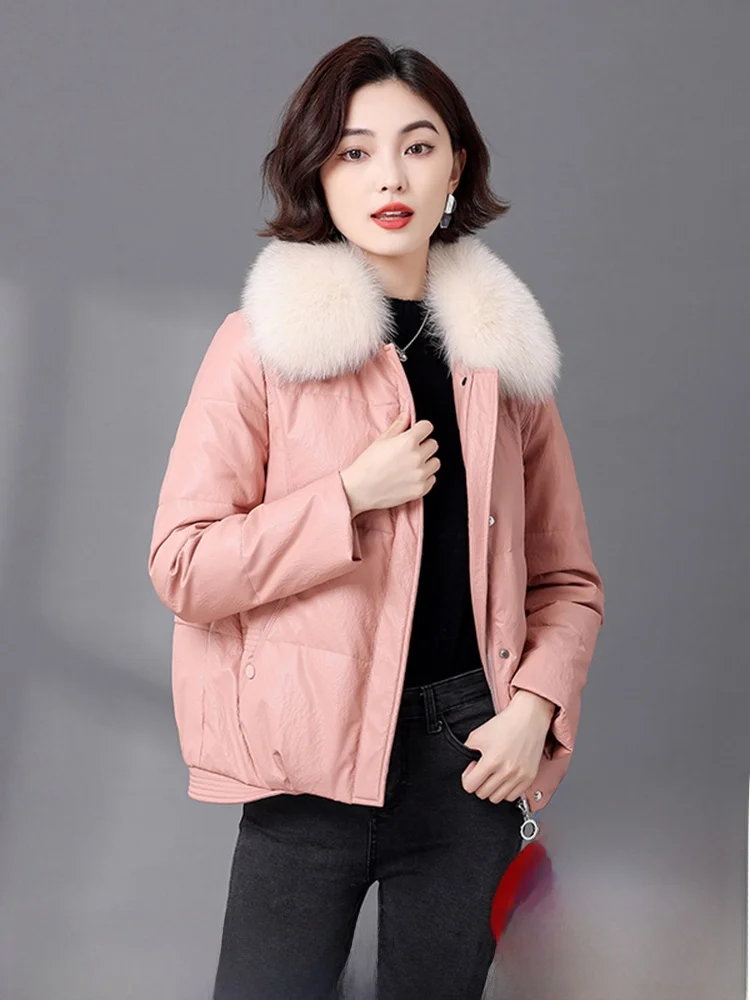 

Real Leather ort down Jaet Women's Thiened Winter Coat Fur Collar Haining eepskin Zipper Closure Long Sve Coat