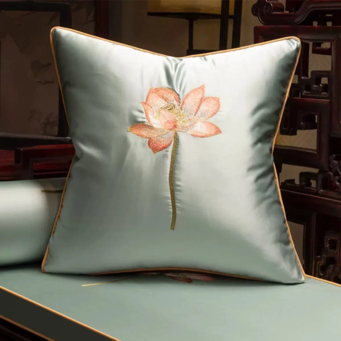 Luxurious Chinese Style Embroidered Lotus Flowers Decorative Pillow Case 45x45cm Living Sofa Cushion Covers 1 Piece Pack