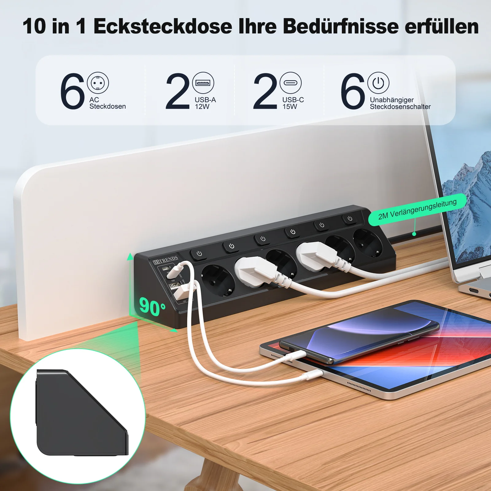 6 way European mulit plug Power Strip with 2 USB 2 Type C, Corner Multi-functional socket with 2m cable for Home Table