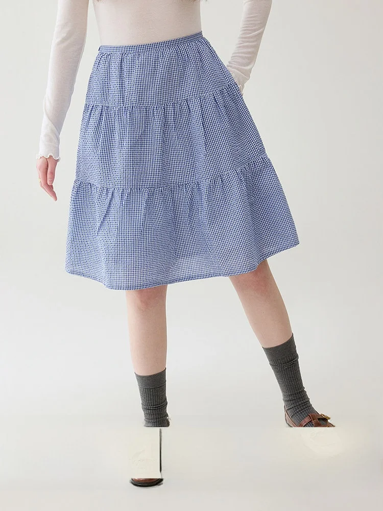 

AMUU Blue Plaid High Waist A-Line Skirt Women's Spring New Pure Cotton Commute Sle kets Casual Cake Skirt