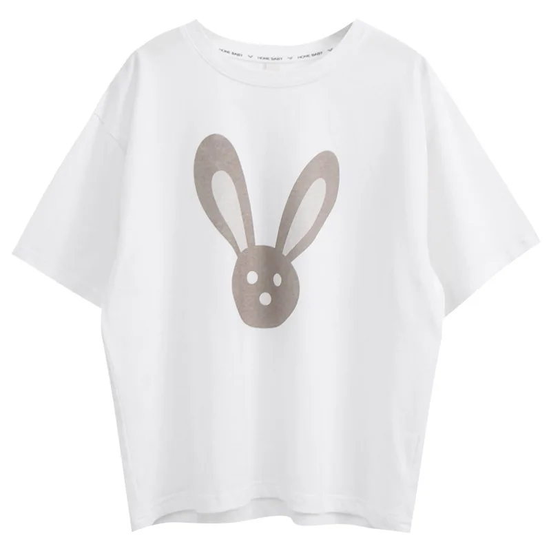 

2024 Summer Teenager Girl Casual T-shirt Children Girl Cartoon Rabbit Loose Short Sleeve Tops School Girl Cotton Sportswear Tees