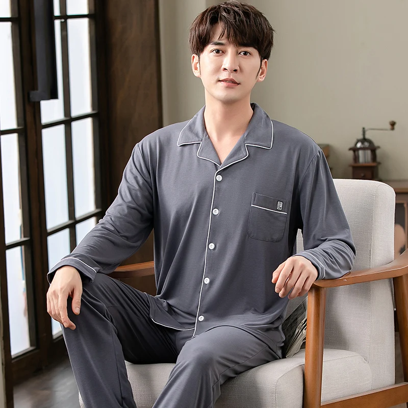 Long Pants + Long Sleeve Tops Pajama Sets Men Spring Modal Pajamas Home Suit Mens Sleepwear Loose Button Cardigan Nightwear 4XL