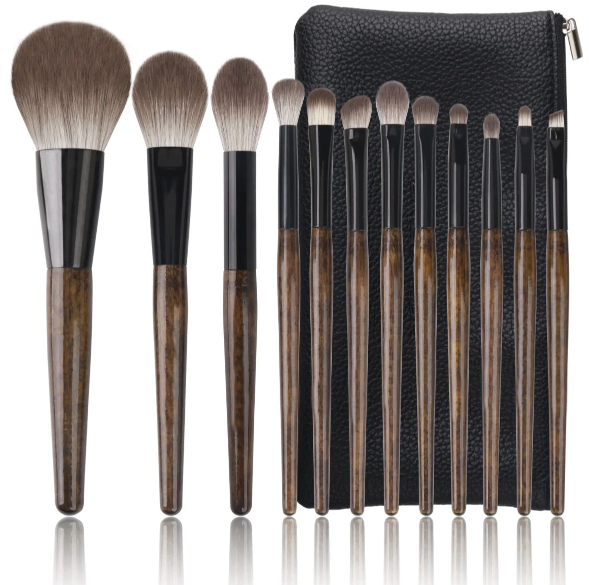 Custom 12 Pcs Make-up Brush Set with PU Bag Wooden Handle Luxury Brush Set