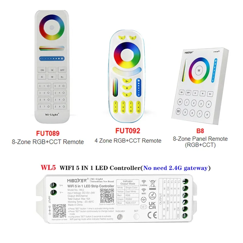 

WL5 Wifi 5 in 1 Led Controller led strip light;2.4G Hz Remote:FUT092,8 Zone FUT089,B8 Wall-mounted Touch Panel