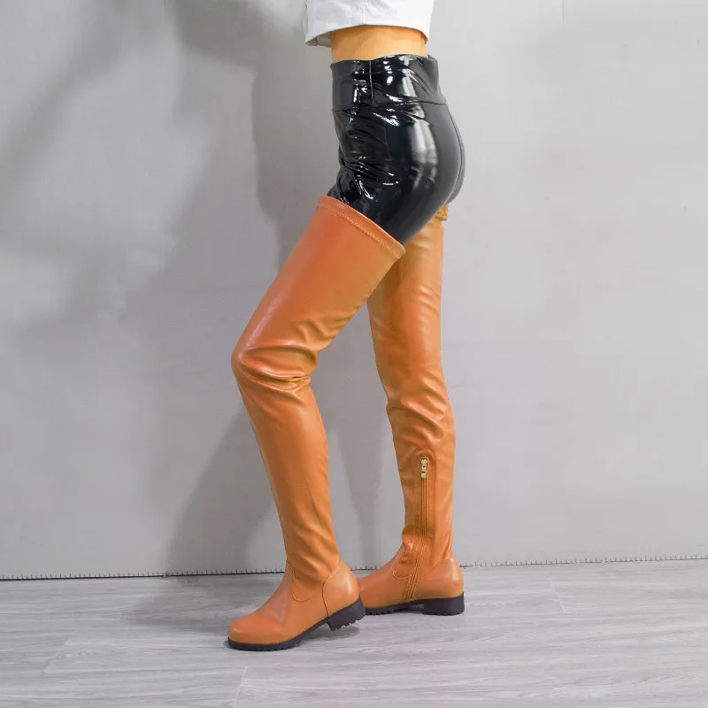 

Big Size 34-46 Low Heels Long Boots New Women Stretch Leather Shoe Round Toe Side Zipper Square Heel Fashion Over The Knee Boots