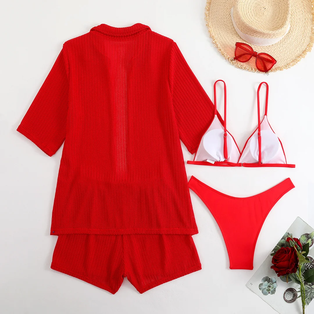 Mit Hemd, Shorts, Neckholder, brasilianischer Bikini, Damen-Badeanzug, Damen-Bademode, vierteiliges Bikini-Set, Badeanzug, Badebekleidung, Schwimmbekleidung V5716H – Detail 21