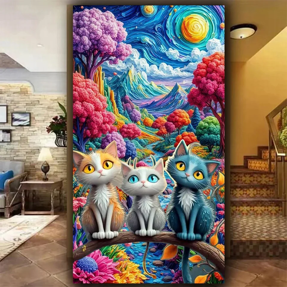 

Алмазная картина большого размера, удивительные три кота, полная алмазная вышивка своими руками, мозаичный домашний декор, вышивка крестиком, подарок на Хэллоуин