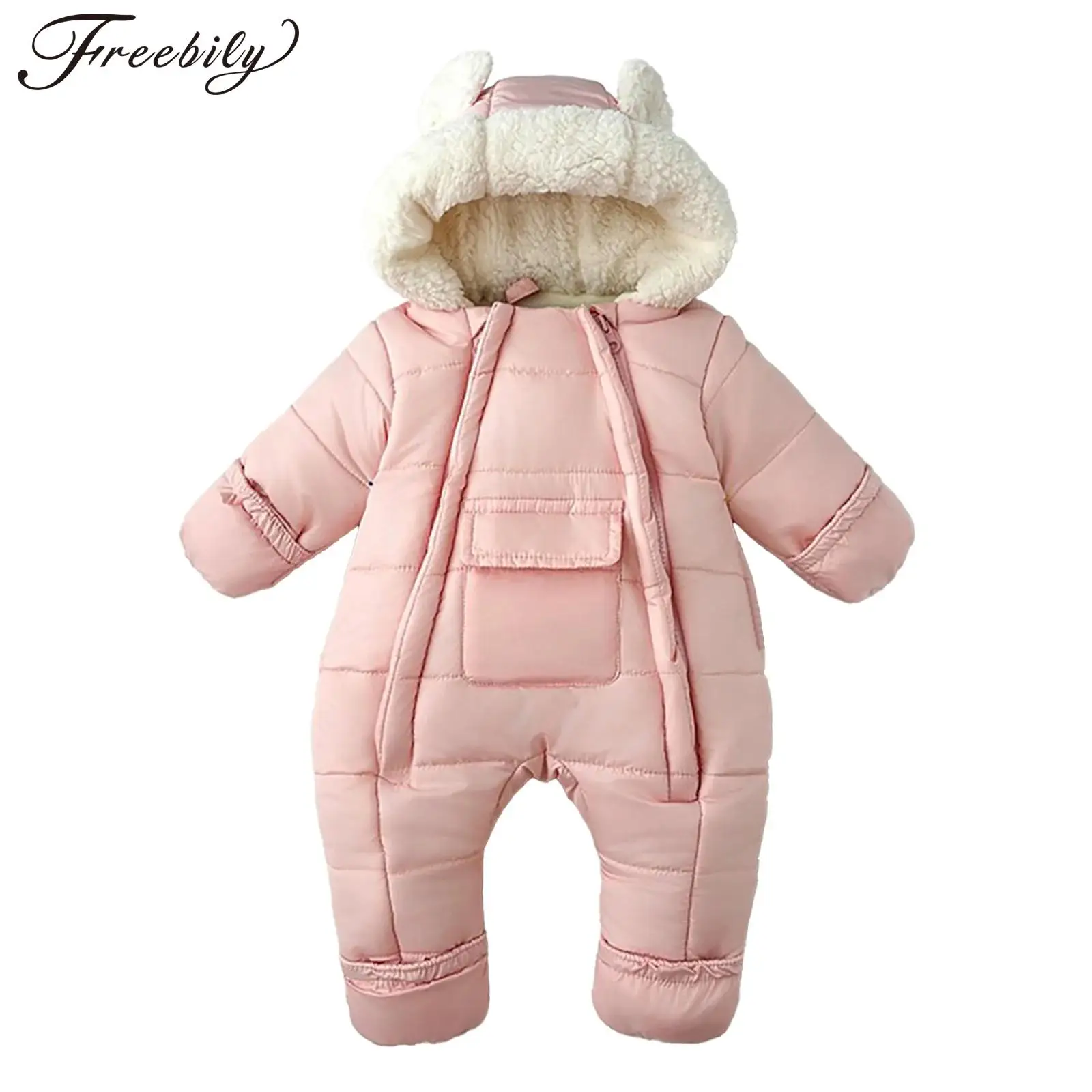 

Зимний теплый комбинезон для маленьких мальчиков и девочек, зимнее теплое пальто, комбинезон с длинными рукавами и флисовой подкладкой из искусственного меха, мягкий комбинезон с капюшоном и карманами, одежда для младенцев