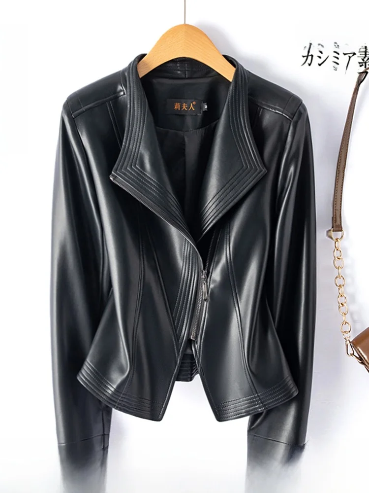 

Haining Genuine Leather Jaet Women's ort Slim Fit Large Size Bla Outerwear eepskin Coat Commute Sle Long Sve