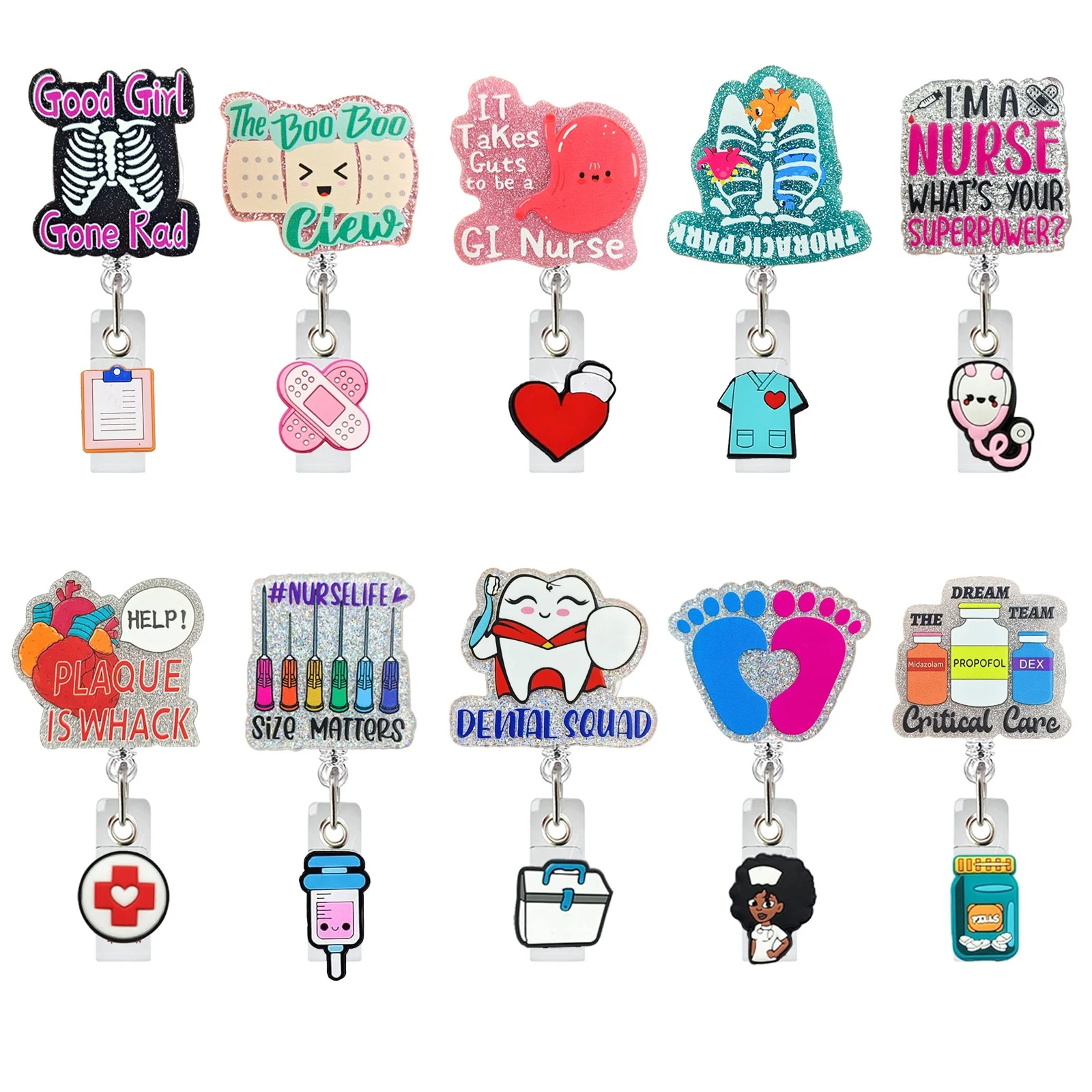 Medical Acrylic Glitter Pill Stomach Heart Retractable Badge Reel Rotatable Crocodile Clip ID Badge Holder for Nurse Doctor